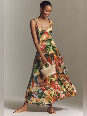 NWT FARM RIO x Anthropologie Painted Tropical Garden Sweetheart Maxi Dress SZ M